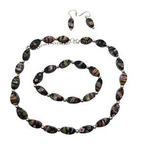 Millefiori Glass Jewelry Set Necklace Bracelet Earrings Black Multicolor Beads